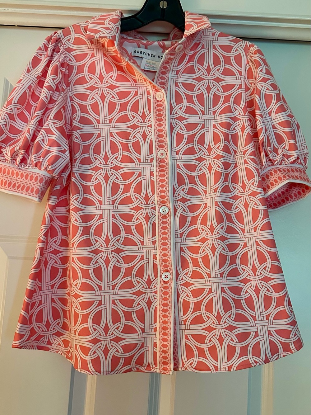 Gretchen Scott Designs Coral and White Ring Toss Puff Sleeve Button-Down Top